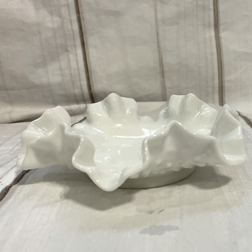 Vintage Fenton hobnob milk glass bowl double crimp